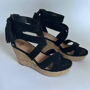 Ugg Raquel Black Suede platform wedge sandals tassel heel jute size 7